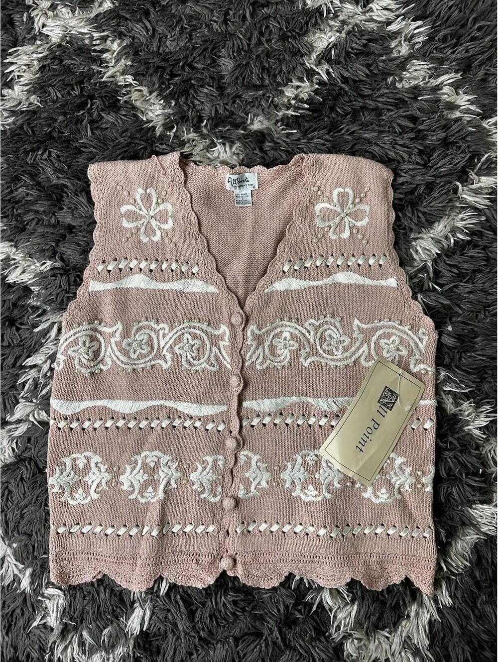 VTG 90s All Points Reference Point Knit Sweater Vest Pink Pearls NWT Large